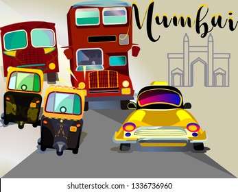 Mumbai traffic.A double-decker bus, city bus,taxi,auto rickshaw in Mumbai.Vector for design flyer,invitation, card, poster.