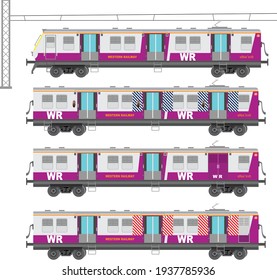 El tren de Bombay 4 entrenador, señoras, segunda clase y primera clase con cable y pilar. Traducción: "Ferrocarriles Occidentales" en vagón y "Ferrocarriles Indios" con el logo rojo