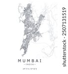 Mumbai vector print map. Detailed map of Mumbai in India. Best free vector illustration. Tourist decorative minimalist street map.