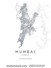 Mumbai vector print map. Detailed map of Mumbai in India. Best free vector illustration. Tourist decorative minimalist street map.