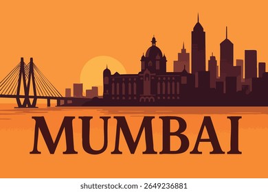 A paisagem urbana de Mumbai é banhada pelo calor do pôr do sol, onde o icônico horizonte e marcos históricos são iluminados contra as cores vibrantes do céu noturno