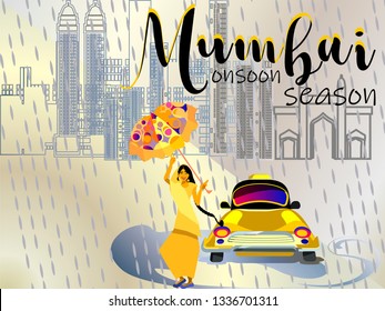 Mumbai.Walk in the rains.Vector for design flyer,invitation, card, poster.