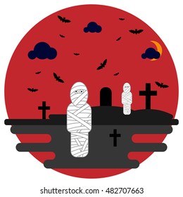 Mummies in the background cemetery with crosses and bats. Vector illustration for the holiday Halloween