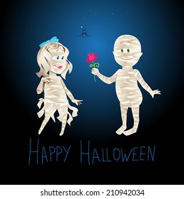 Mummies fall in love on Halloween. Greeting Card. Vector illustration.