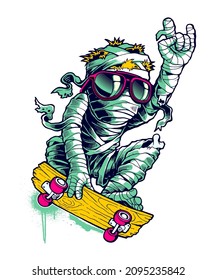 Mummies and skateboard.
Vector illustration.