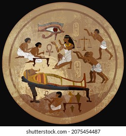 Mummification. Pharaoh sarcophagus. Ancient Egypt. History wall painting, tomb King Tutankhamun. Concept of a next world. Egyptian gods, mythology. Hieroglyphic carvings