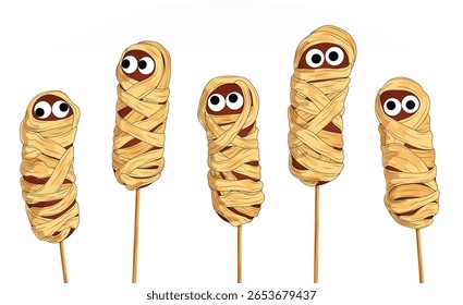 Mummified Sausages on Skewers. Halloween Savoury Party Pastries Illustration