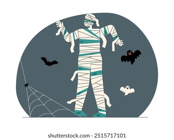 Mummy appearing in the middle of the night with bats, spooky vector illustration.