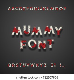 Mummy Bandage Font With Blood. Halloween Sans Serif Typeface. Letters, Punctuation Marks, Numbers 3 And 1. Latin Alphabet. Vector