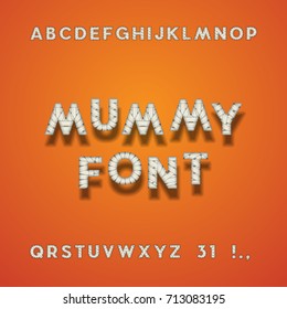 Mummy Bandage Font. Halloween Sans Serif Typeface. Letters, Punctuation Marks, Numbers 3 And 1. Latin Alphabet. Vector