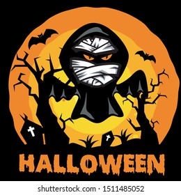 Mummy with Black Costume Flying Above the Tomb,  Halloween Theme