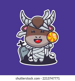 Mummy bull holding halloween candy. Cute halloween cartoon illustration.