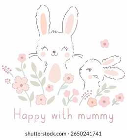 Mummy  bunny and little bunny, having fun with mommy. Rear view of a cute family of beige rabbits.used for t-shirt printing, baby clothes, fashion design, stickers.
