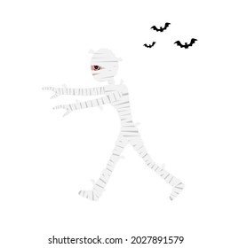 Mummy cartoon character for decorating Halloween night party flat vector illustration isolated on white background. Happy Halloween, Spooky night.