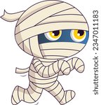 Mummy Cartoon Character Walking With Hands Up. Vector Hand Drawn Illustration Isolated On Transparent Background