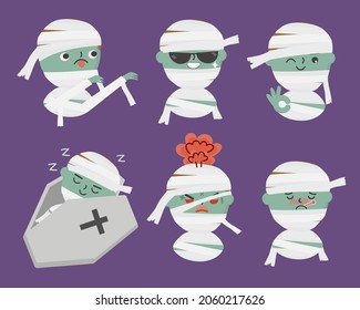 Mummy cartoon characters in various posing and emotional such as undead, glasses, bandage, sleep, coffin, cross, angry, sick. Vector mummy character or mascot in different pose and activities