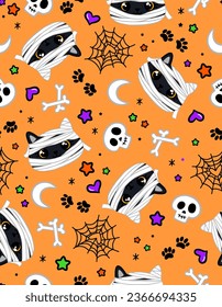 Mummy cat Illustration. Cute childrens pattern designs for fabric or textile. Seamless Halloween pattern with skull, bones, spiderweb, heart, paws, stars and moon