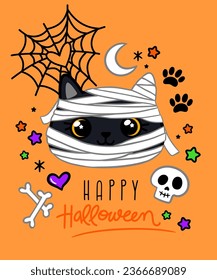 Mummy cat Illustration. Happy Halloween. Cute design for fabric or textile. Skull, bones, spiderweb, heart, paws, stars and moon.