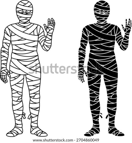 Mummy character raising hand. Ancient egyptian monster outline silhouette