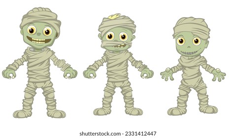 Conjunto de caracteres momificos. Ilustración de Halloween aislada en blanco. Estilo vectorial de momias cúpulas 
