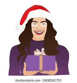 mummy claus, christmas, smiling, hat, vector, illustration, gift in hand