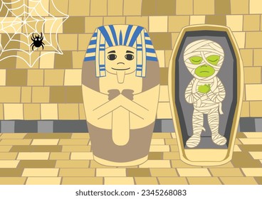 Mummy Coffin in Ancient Egypt Temple, Vector Illustration