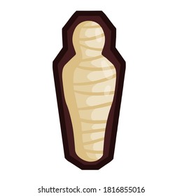 Mummy in a coffin. Sarcophagus with body. Ancient ruler Pharaoh of Egypt. Archaeology and the corpse. Halloween monster. Flat cartoon illustration