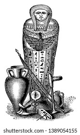 Mummy Coffin was typically wrapped in linen, vintage line drawing or engraving illustration.