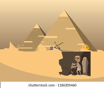 mummy and coffin under pyramid vector illustration 