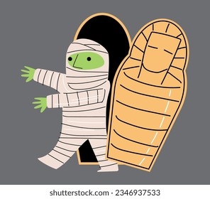 Mummy come from within coffin . Halloween cartoon characters . Vector .