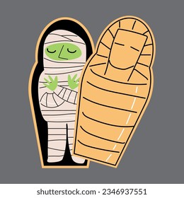 Mummy come from within coffin . Halloween cartoon characters . Vector .