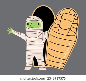 Mummy come from within coffin . Halloween cartoon characters . Vector .