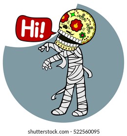 Mummy comes with outstretched arms. He says hi. Vector flat and linear Illustration of skeleton. Web banners, advertisements, brochures, business templates. Isolated on a white background.
