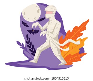 Mummy costume for halloween party, celebration of autumn holiday. Skeleton with bandage walking in full moon, flying bats and decorative foliage. Traditional event in united states, vector in flat