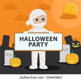 mummy costume holding sign