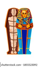 Mummy creation cartoon vector illustration. Stages of mummification process, embalming dead body, wrapping it with cloth and placing in Egyptian sarcophagus. Traditions of ancient Egypt, cult of dead