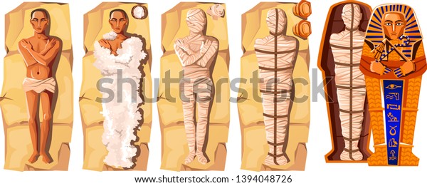 Mummy creation cartoon vector illustration. Stages\
of mummification process, embalming dead body, wrapping it with\
cloth and placing in Egyptian sarcophagus. Traditions of ancient\
Egypt, cult of dead