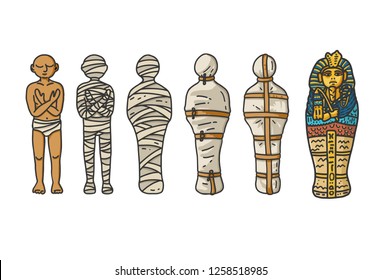 Mummy creation; A six step process showing how the ancient egyptians wrapping the mummies during embalming. Vector illustration in hand draw cartoon style.