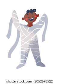 Mummy cute kid character at fun Halloween horror holiday party celebration vector illustration. Cartoon boy in scary mummy costume, creepy zombie children celebrate, play game isolated on white