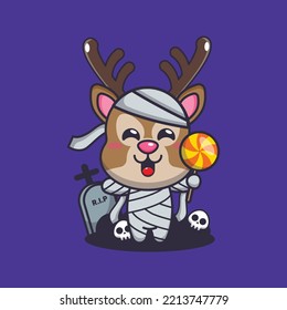 Mummy deer  holding halloween candy. Cute halloween cartoon illustration.