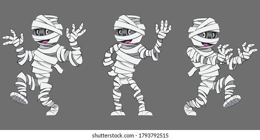 Mummy in different poses. Halloween character in cartoon style.