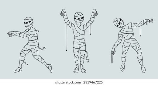 Mummy in different poses. Scary Halloween character in outline style.