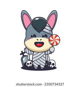 Mummy donkey holding halloween candy. 