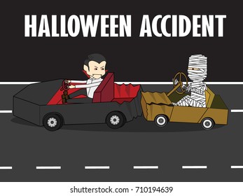 Mummy driving with carelessness. Collide at the back of a vampire car. Flat Vector illustration concept.