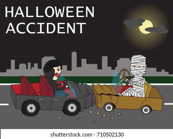 Mummy driving coffin car. Collide at the front of a vampire casket. Flat Vector illustration concept.