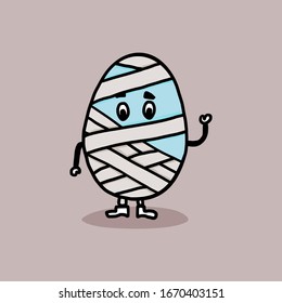 Mummy egg in bandage. Funny comic Easter character of a broken egg. Great design for tee print.