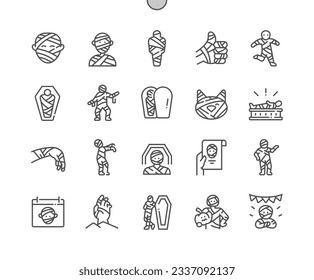 Mummy. Egypt culture. Horror costume made of bandage. Halloween. Pixel Perfect Vector Thin Line Icons. Simple Minimal Pictogram