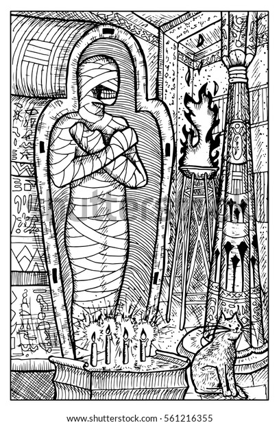 ママ 古代の墓の中の悪魔 エジプトの神話的性格 幻想魔法の生き物コレクション 手描きのベクターイラスト 彫刻線画 グラフィックスの神話的落書き のベクター画像素材 ロイヤリティフリー