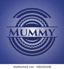 Mummy emblem with denim high quality background. Vector Illustration. Detailed.