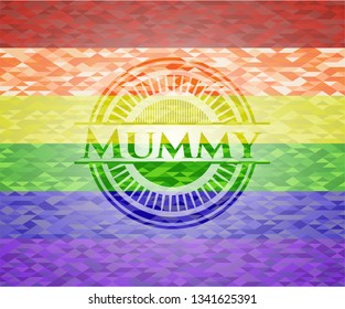 Mummy emblem on mosaic background with the colors of the LGBT flag